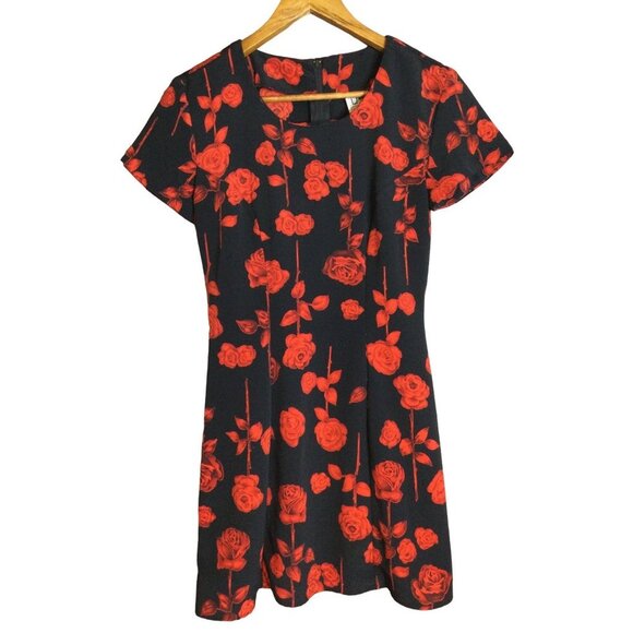 Vintage La Belle Fashions Women Floral Shift Dress Short Sleeve Black Red SZ 3 - Picture 1 of 6